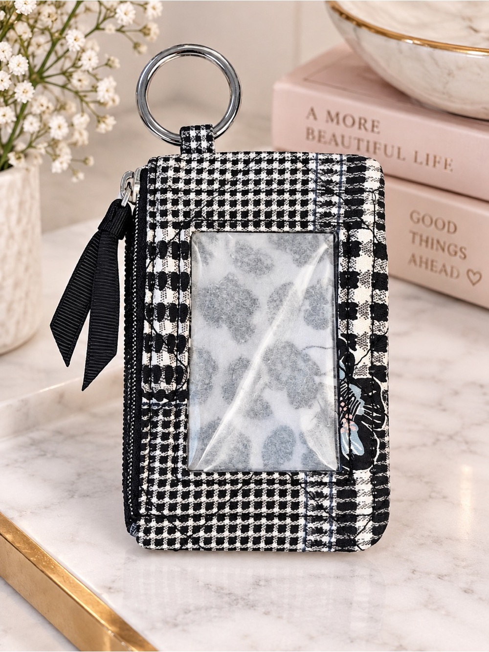 NWOT Black & White Plaid Cardholder Keyring Wallet